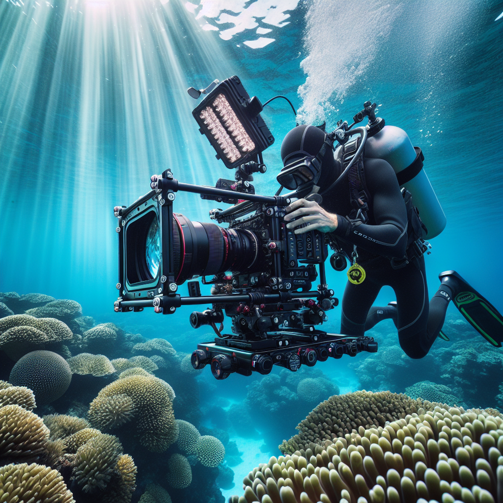Cinegrafista realizando filmagens subaquáticas com equipamento profissional