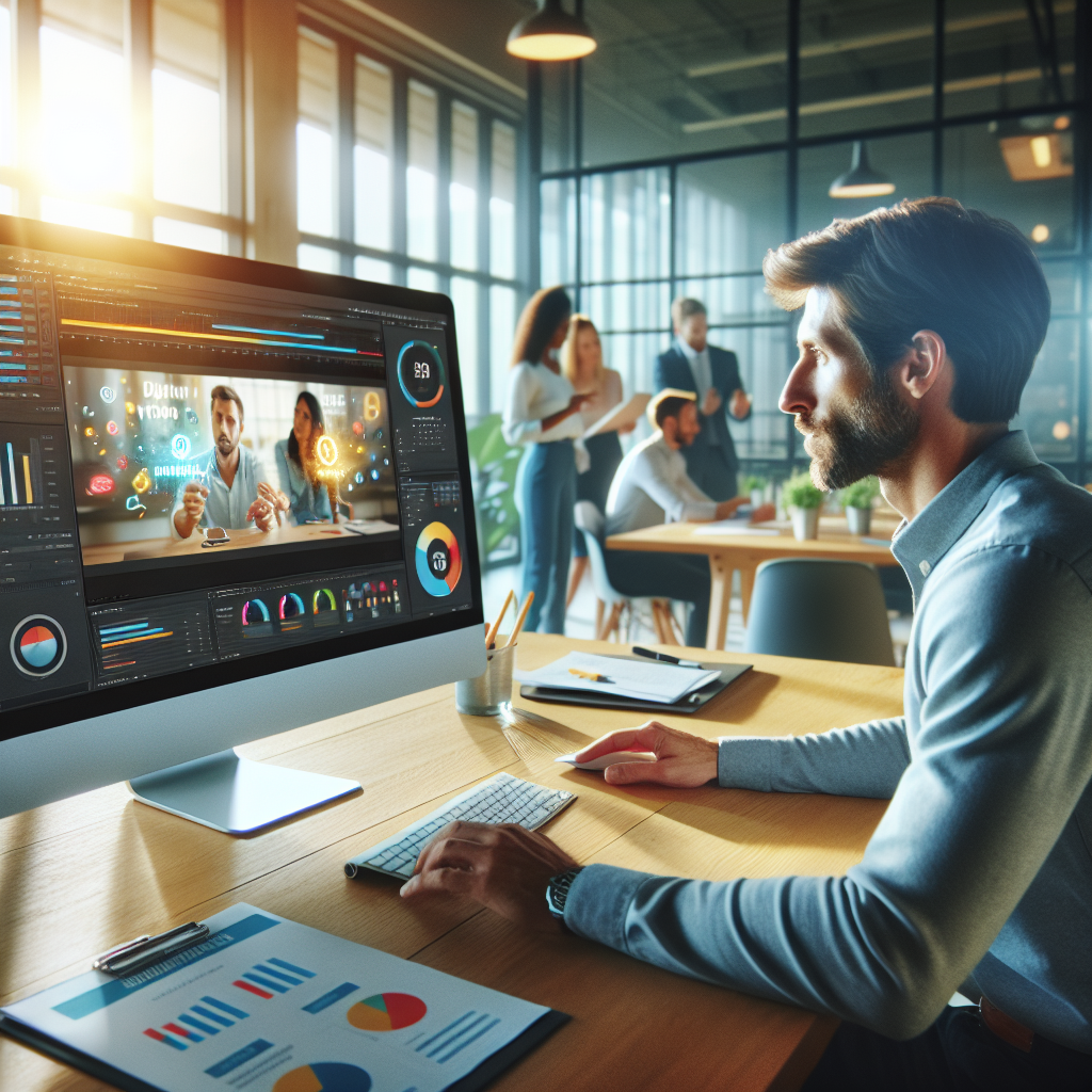 Empresário analisando estratégias de marketing digital com vídeos promocionais