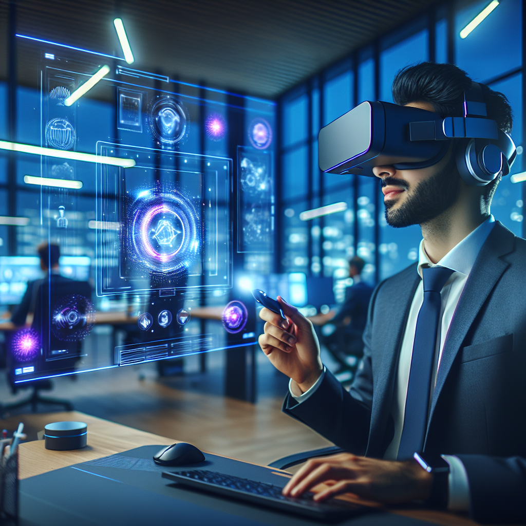 Profissional utilizando óculos VR para demonstrar um produto tecnológico