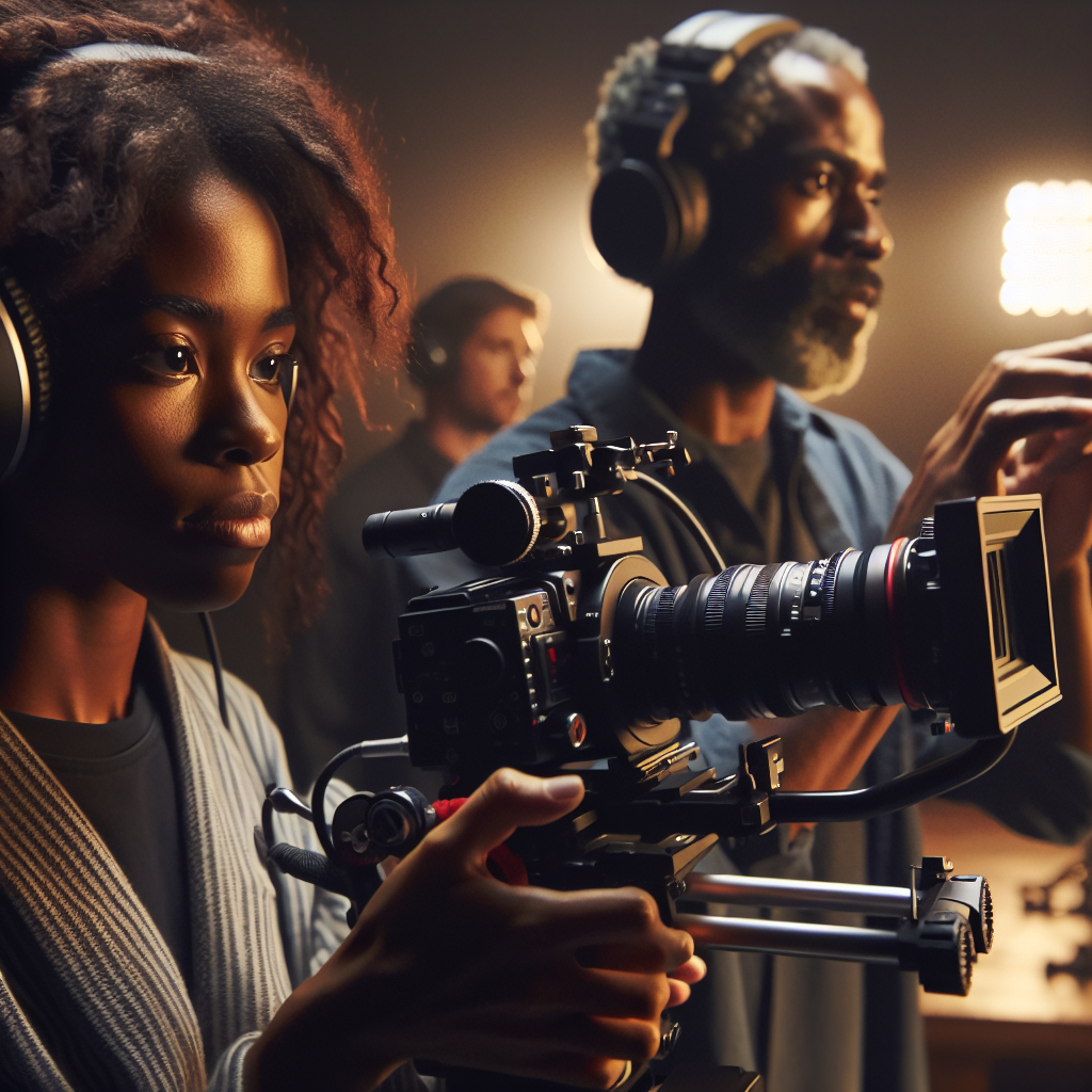 Equipe de produção filmando série web com câmeras profissionais