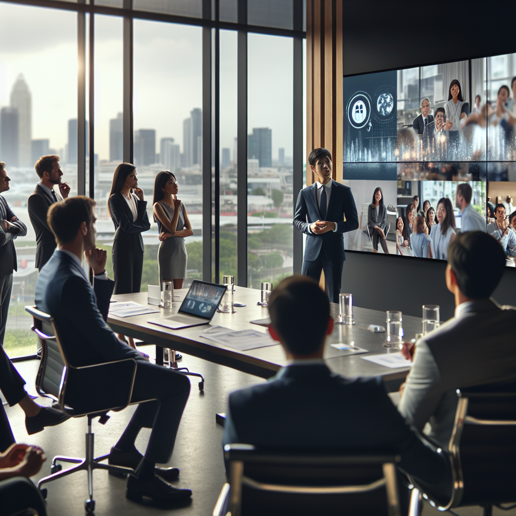 Executivos assistindo a um vídeo de responsabilidade social corporativa.
