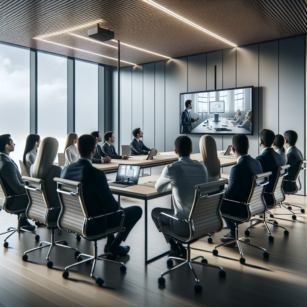 Equipe assistindo a vídeos de treinamento corporativo para capacitação profissional